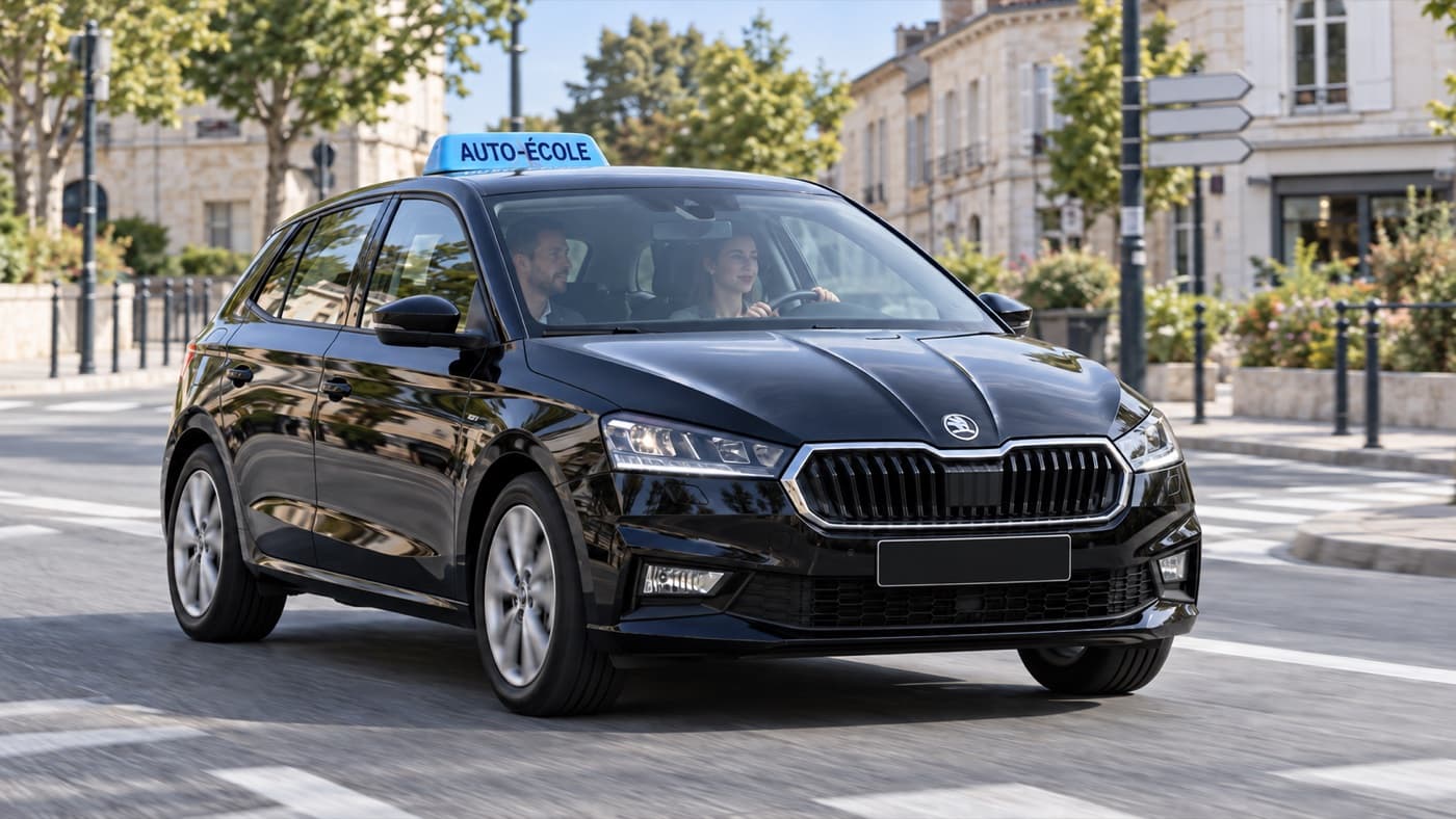 Škoda Fabia noire d’auto-école à un carrefour