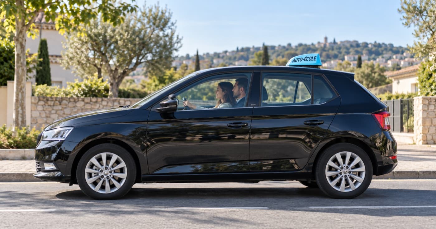 Škoda Fabia noire de profil avec une élève et son moniteur