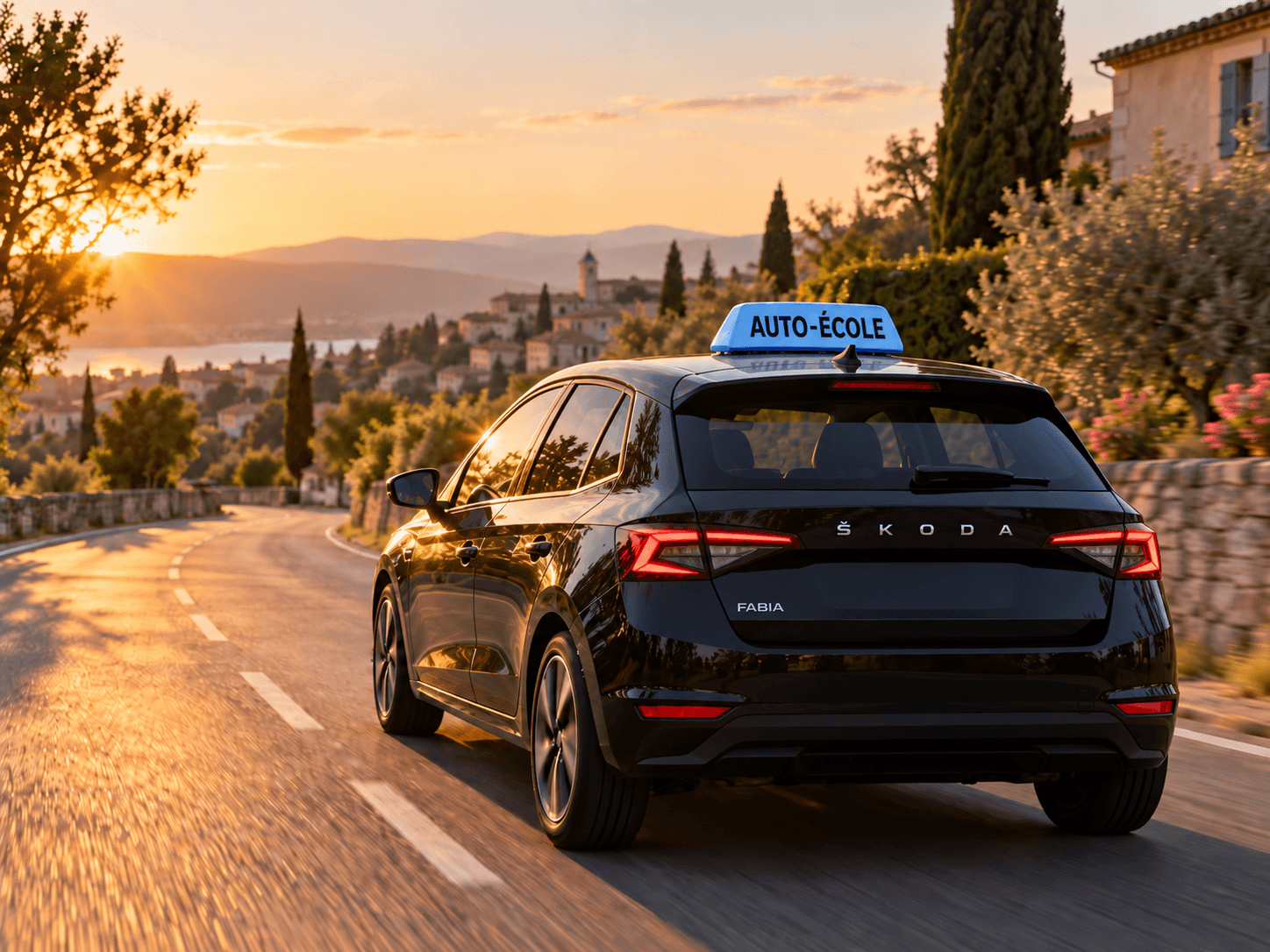 Škoda Fabia noire d’auto-école sur une route au coucher du soleil