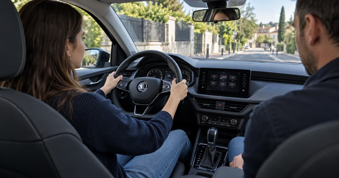 Élève au volant d’une Škoda Fabia avec boîte automatique