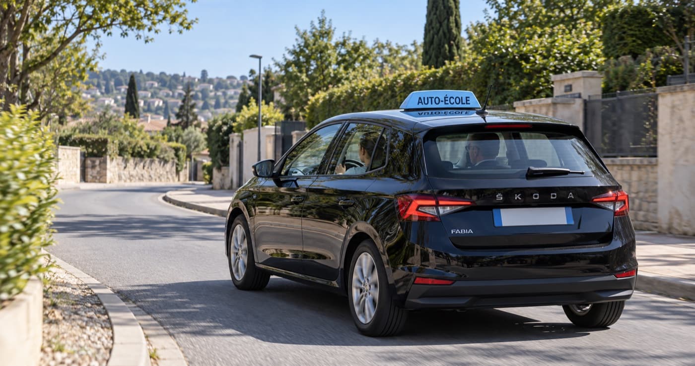 Škoda Fabia noire sur une route résidentielle avec une élève et son accompagnateur